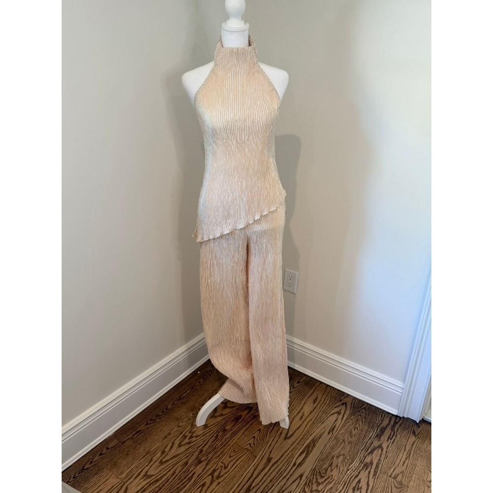 Commense NWT Asymmetric Halter Top With Wide Leg Pants Set Champagne Size S